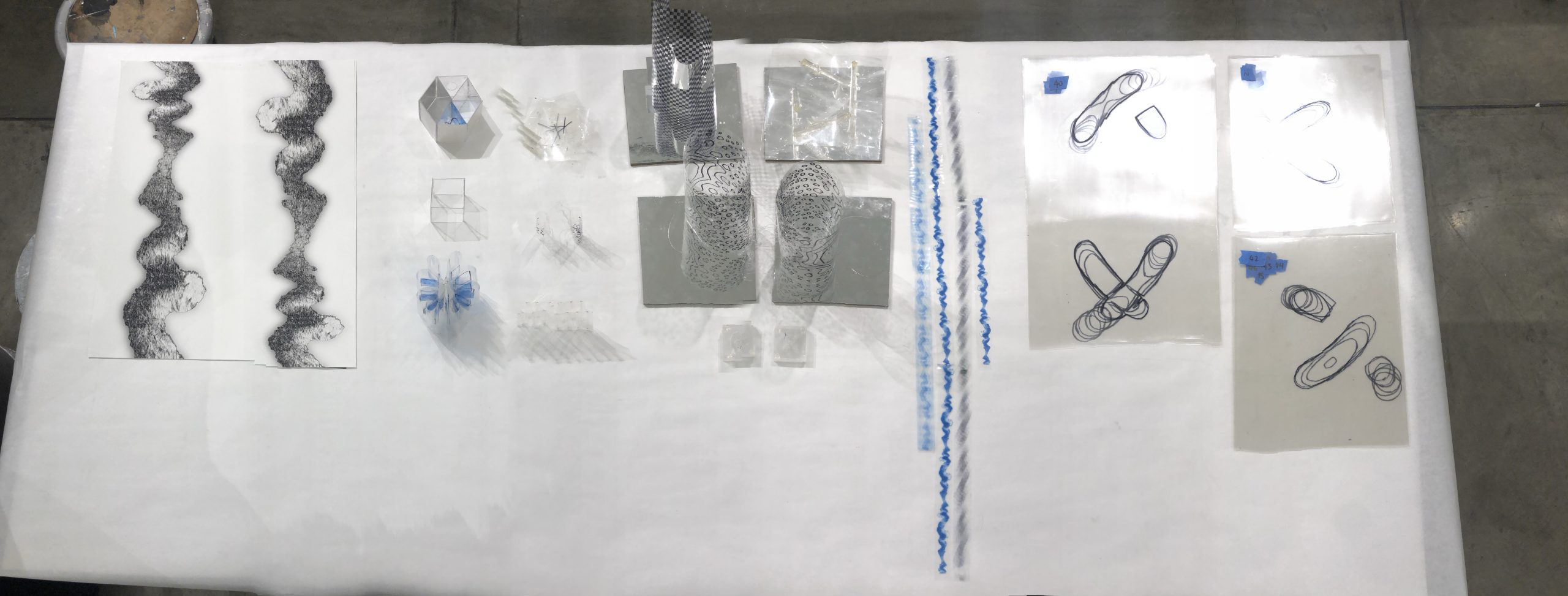 A collection of my experiments for this project, showing various attempts of embedding structures into transparent materials