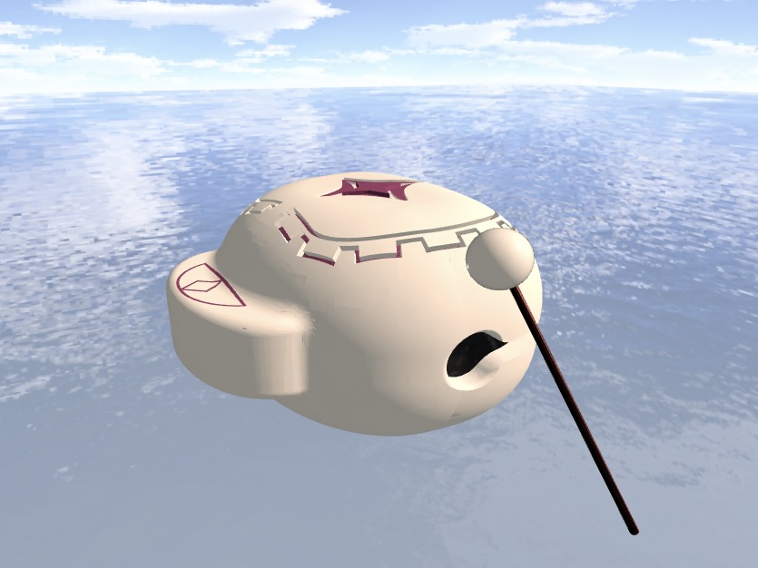 Screenshot showing a white muyu (wooden fish) with a white stick against a sky-and-ocean background