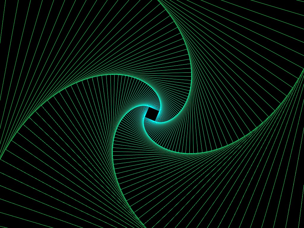 Abstract spiral pattern that shows a gradient of color from green to cyan