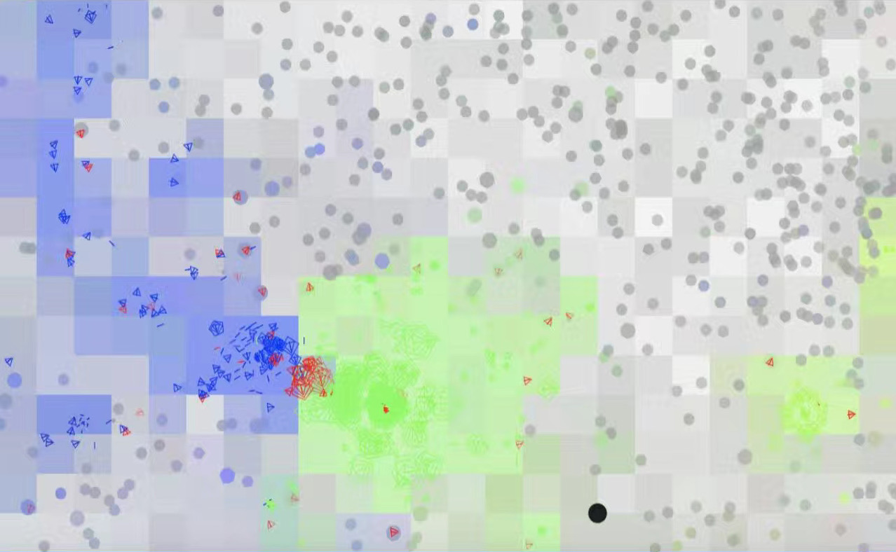 Green and blue population of critters against a white background