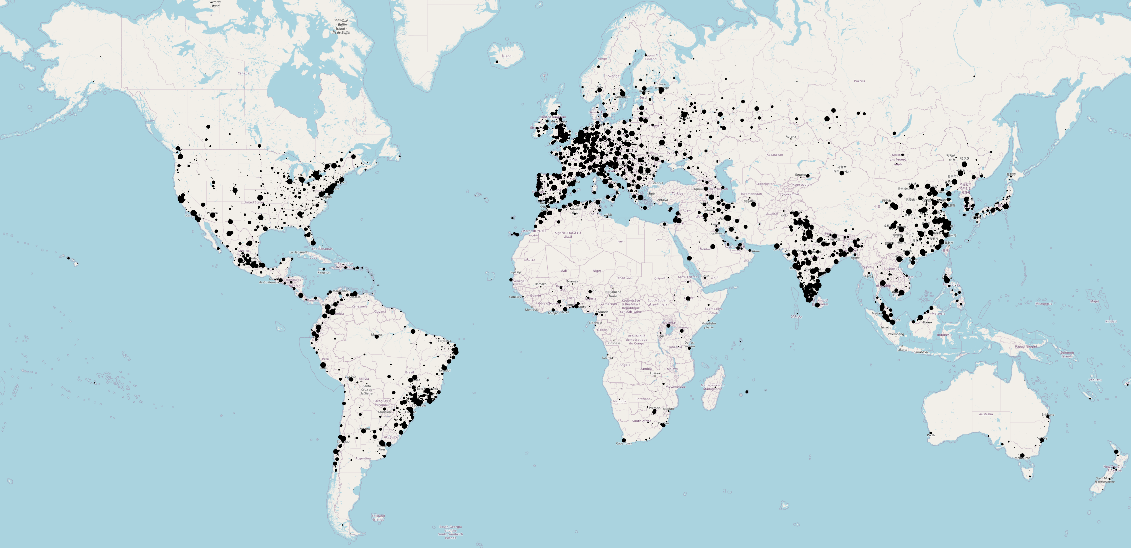 An annotated world map showing how often SciHub is used at different locations, by geo-ip, worldwide