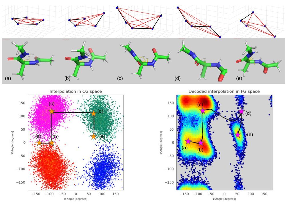 Shows the correspondence between fine-grained and coarse-grained conformations of alanine-dipeptide as interpolated by my generative framework